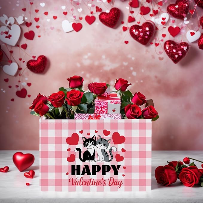 Cute Large Valentine's Day Gift Basket Empty Heart Decor Storage Bin for Kid Baby Room Décor (Pink Checkered Cat)