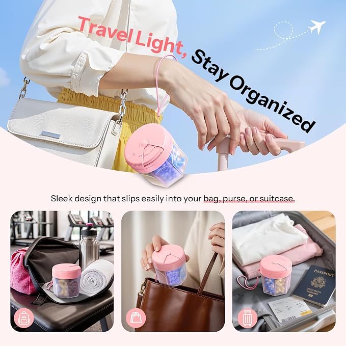 Pill Organizer with 7 Large Compartments,XL Cute Travel Pill Box BPA-Free | Anti Mixing, Large DIY Compartments for Vitamins and Fish Oil, Portable Monthly Pill Box with Labeled and Lanyards, Pink