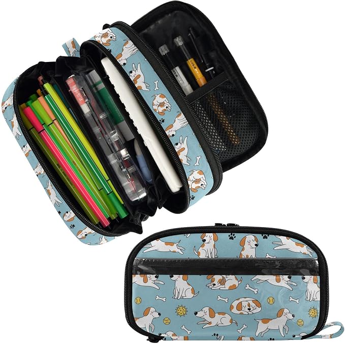 Pets Dogs Blue pattern Large Capacity Pencil Case with Zipper Water Resistant Portable Organizer Pen Bag for Office Students School