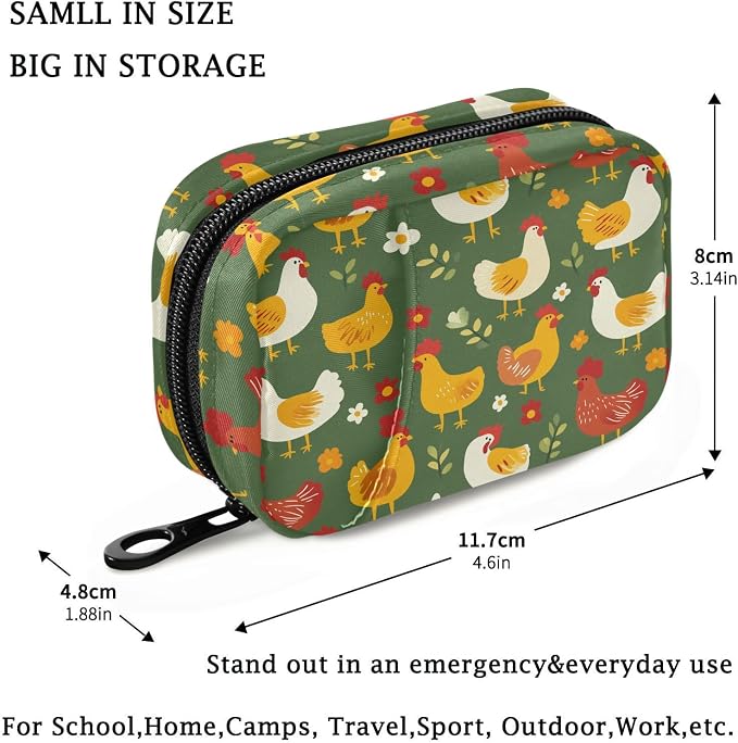 Fustylead Colorful Cute Cartoon Chicken Rooster Hen Travel Pill Case Bag with Zipper Weekly Pill Box 8 Compartments 7 Day Personal Pill Case Purse Medicine Case Organizer