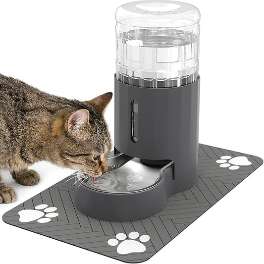 JUNSPOW Cat Water Dispenser with Placemat and Stainless Steel Bowl, Automatic Gravity Water Dispenser for Cats or Small Medium Size Dogs, Large Capacity, Easy to Clean and Safe for Pets (4L)
