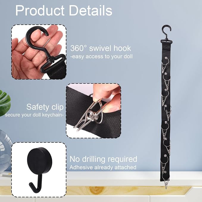 Doll Hanging Organizer, Plush Display Strap Holder Chain with 8 Metal Clips