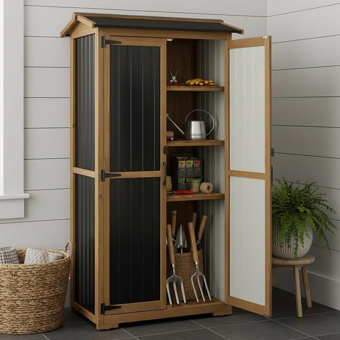Ketive Outdoor Storage Cabinet, Wood & Metal Garden Cabinet with 3 Adjustable Shelf, Weather-Resistant Roof, Lockable Doors & Adjustable Feet for Patio, Garden, Farm (33" L x 21" W x 69" H)