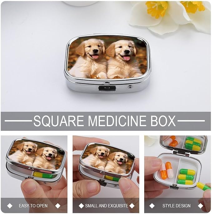 Travel Golden Retriever Dogs Puppies Pets Pill Case 2 Compartments Small Pill Organizer for Fish Oil Vitamin Supplement Portable Daily Pill Box for Pocket Purse Medicine Storage