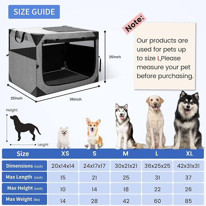 Dog Crate,36x25x25 Inch Large Dog Crate for Large or Medium Dogs, Portable and Foldable Design of Dog Cage, Perfect for Travel or Home Use, Dog Kennel with 2-Door and Durable Mesh Windows, Light Grey