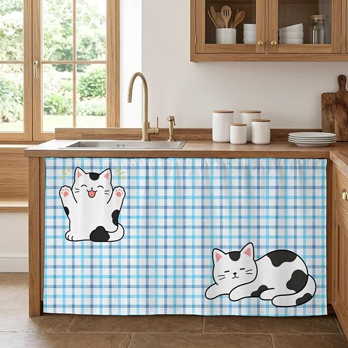 Cute Cat Sink Skirt for Bathroom, Self-Adhesive Under Sink Curtain, Blue Purple Checked Modern Pet Cats Rustic Hide Pipes & Storage Fabric Cabinet Skirt Cover for Kitchen Laundry 32"x55"
