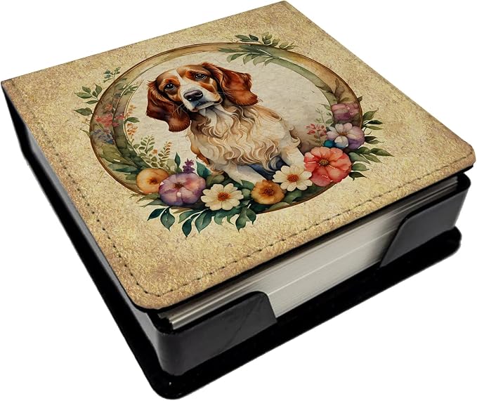 Caroline's Treasures Brittany Spaniel and Flowers PU Leather Note Paper Holder with Artist-Designed Cover, Desk Accessory, Office Gift