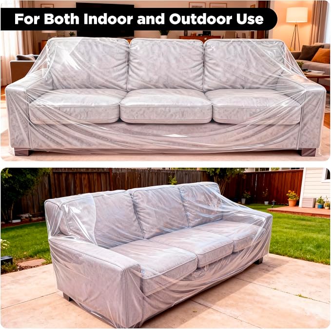2 Pack Plastic Couch Cover Furniture Cover with Elastic Band, Clear Sofa Cover Protector for Moving and Storage, Waterproof & Dustproof Moving Bags for Couch Slipcover 92W x 42D x 42H Inches