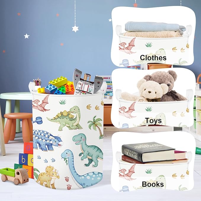 Clastyle Boho Dinosaur Laundry Basket Palm Tree Kids Clothes Book Storage Basket Gift Toy Box for Bedroom Decor,Pterosaur,36x45 cm | Large Storage Basket with Lids for Toys Clothes Books, 25kg Load Capacity, Freestanding, Waterproof, Collapsible
