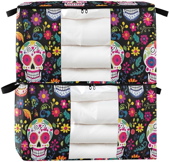 Generic Skull Flowers Day Of The Dead Clothes Storage Bag Bins 2 Pack Foldable Storage Containers Large Closet Organizer with Zipper Blanket Storage Bag for Bed Sheets Clothing Comforters 95L