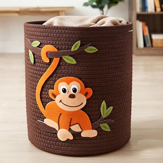 Animal Basket for Nursery Storage, Woven Cotton Rope Bin with Monkey Design, Cutout Handles, Baby-Safe Kids Toy Organizer for Stuffed Animals, Laundry Hamper, Foldable & Washable (Monkey)