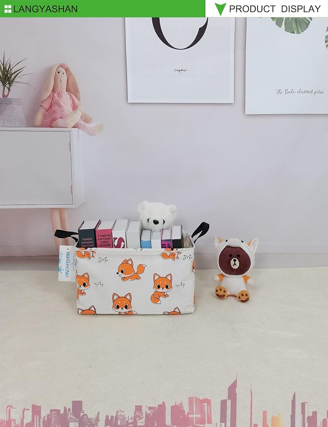 Rectangular Collapsible Storage Basket Nursery Organizer Fox | Storage Bin Foldable Canvas with Handles for Organizing Home Kitchen Children Toys Office Closet Shelf Baskets