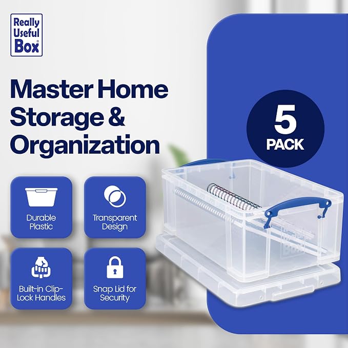 Really Useful Box Stackable 9 Liter Plastic Storage Container, 5 Pack | Bin with Snap Lid & Built-In Clip Lock Handles for Home & Office Organization