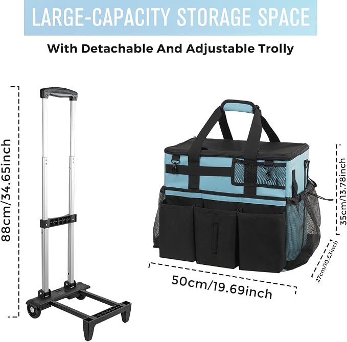SCAVATA Rolling Cleaning Caddy Bag with Detachable Trolley, Large Cleaning Supplies Organizer with Wheels, Multi Pocket Cleaning Cart with Adjustable Shoulder Strap for Housekeepers & Home, SkyBlue