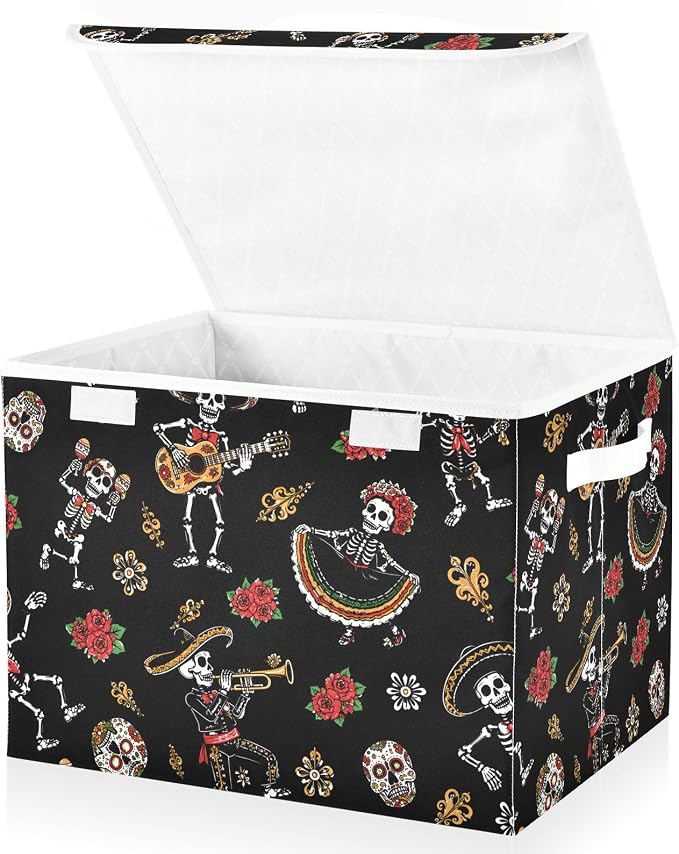 Storage Bins with Lid Gothic Skull Rose Foldable Storage Boxes 40L Baskets | Decorative Storage Boxes, 300D Oxford Cloth, Hollow Board Frame, Flip Top Velcro Lid, 16.5x12.6x11.8 inch, Collapsible Design