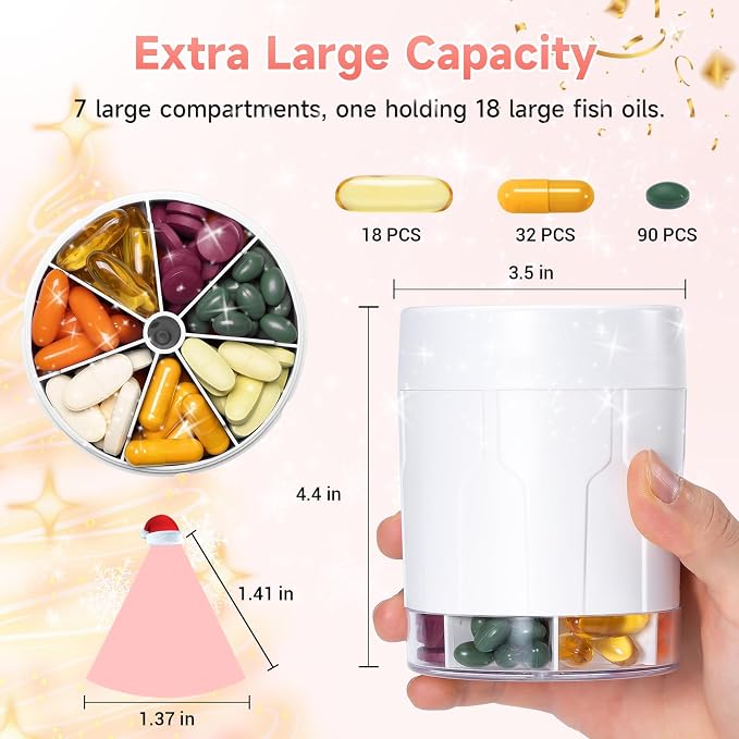 Daviky Pill Bottle Organizer, 7 Large Compartments, Travel Pill Dispenser | Seven large compartments organize daily pills, vitamins and supplements, with dual lids for convenient storage and travel