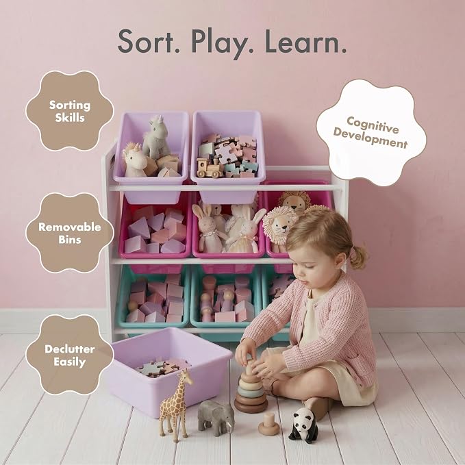Humble Crew Kids Toy Organizer with 9 Bins, 3 Tier Storage for Playroom | Sturdy wood and steel toddler shelf, removable BPA-free containers, wall anchor anti-tip safety kit for bedroom or classroom