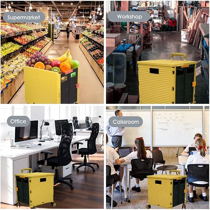 Foldable Utility Cart Portable Collapsible Crate Rolling Carts with Wheels Rolling Tote Basket Teacher Cart with Lid Wear-Resistant 360°Rotate Wheel Noiseless for Shopping Storage Office Use