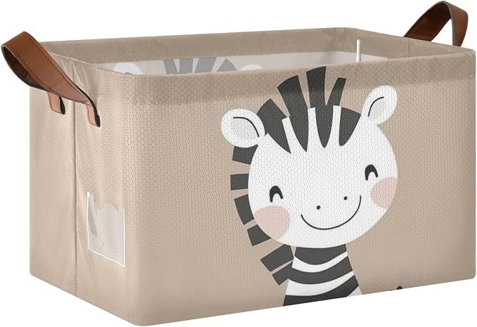 Cute Happy Zebra Brown Animal Storage Basket for Baby with Handles&Label Rectangular Waterproof Nursery Storage Bins Collapsible Organizer Baskets for Kids Cloth Gift Toys Laundry Shelf