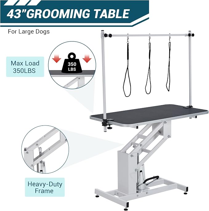 43.3" Hydraulic Pet Grooming Table, Heavy Duty Hydraulic Grooming Table Max Load 350Lbs, Professional Hydraulic Dog Grooming Table with 3 Adjsutable Nooses &, Overhead, Adjustable Height Range 22 in -