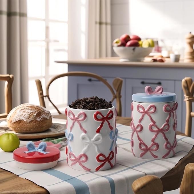 DIF DECO Cookie Jars with Lid Airtight, 42 OZ Large Ceramic Food Storage Containers, Red Bow Kitchen Canisters for Countertop, Suitable for Home Decor of Coffee, Sugar, Tea, Flour, Dog Treat (7.5 In)