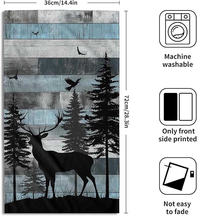 Giwawa Rustic Deer Towel Set of 2 Forest Wildlife Woodland Hand Face Towels with Vintage Blue Wood Board Farmhouse Elk Decorative Soft Microfiber Dish Towel for Bathroom Guest Gym Spa Hotel