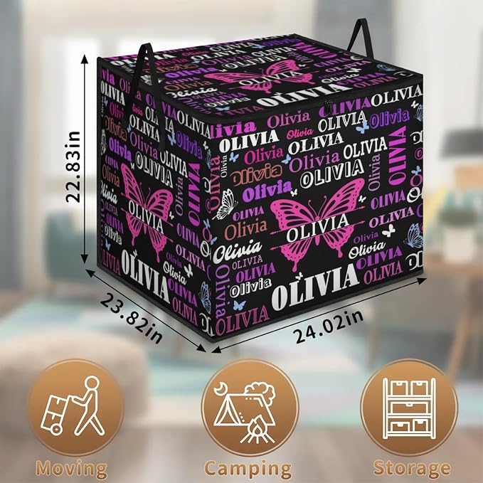 Personalized Extra Large Storage Basket with Lid, Comforters, Bedding Toys Black with Pink Purple Butterflies Storage Bin for Home, Collapsible Basket for Clothes, Moving, Car Trunk