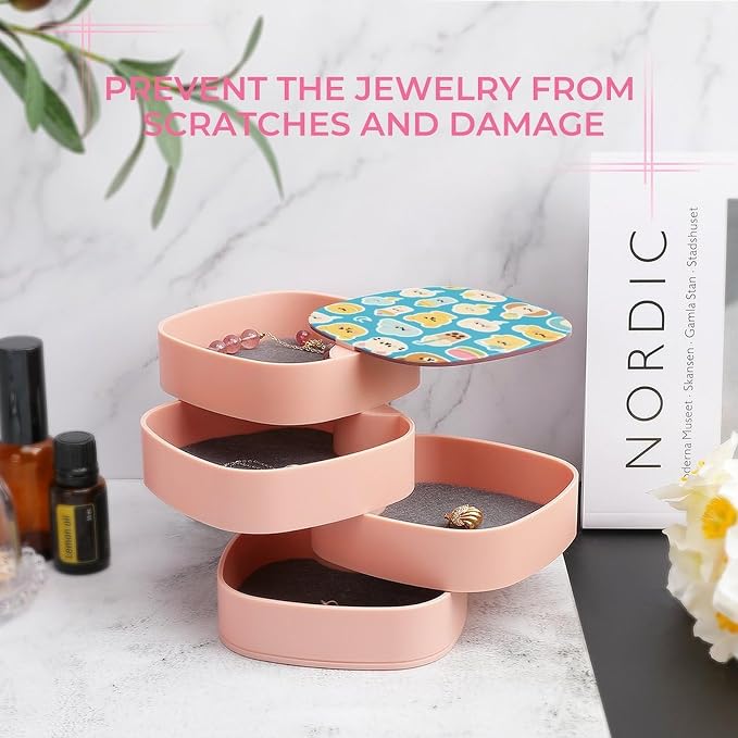 Blue Drink Pets Rotating Jewelry Box Jewelry Organizer | ABS 4-Layer Rotating Jewelry Organizer with Mirror Portable Travel Jewelry Case Anti-slip Base for Women Desktop Gift