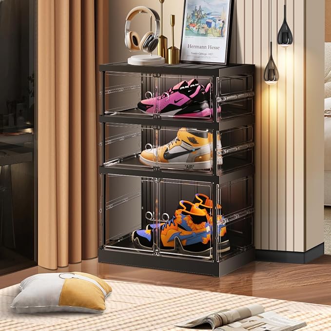 CIMLORD 3-Tier Foldable Shoe Rack, Magnetic Clear Doors, 6 Pairs, Black | Collapsible Narrow Plastic Shoe Cabinet, Stackable, Lidded, Tool-Free Assembly, Fits Boots & Sneakers, Closet & Entryway