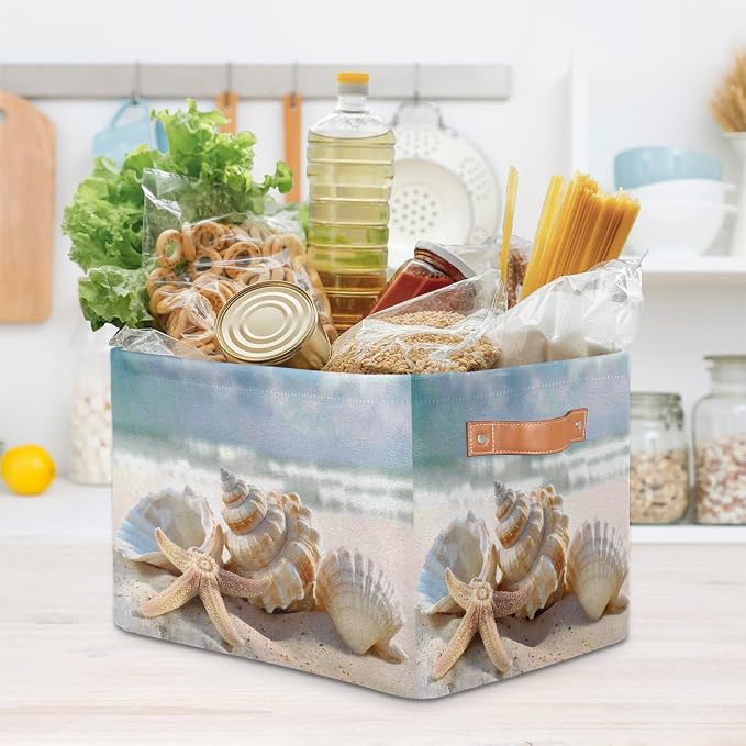 SEULIFE Summer Ocean Sea Beach Seashell Starfish Foldable Storage Basket, Large Collapsible Organizer Storage Bin Cube Toys Storage Boxes with Handles for Bathroom Kids Nursery Closet Storage, 2 Pack