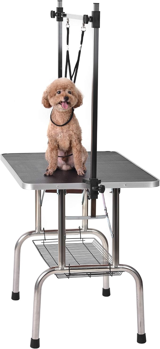 Pet Dog Grooming Table, Adjustable Large Heavy Duty Professional Foldable Trimming Stage with Arms, Noose, Mesh Tray, Maximum Capacity Up to 330LBS, 42''/Black