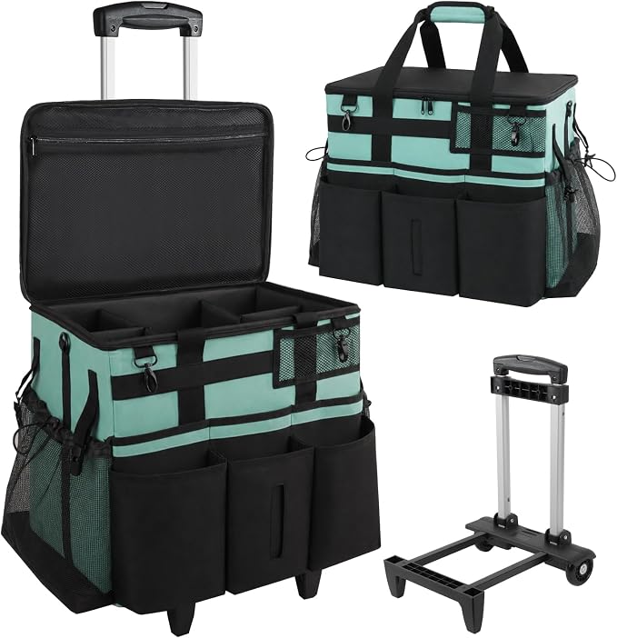 SCAVATA Rolling Cleaning Caddy Bag with Detachable Trolley & Wheels | Large Cleaning Supply Organizer, Portable Multi-Pocket Cleaning Cart for Housekeeper, Adjustable Shoulder Strap, CyanBlue