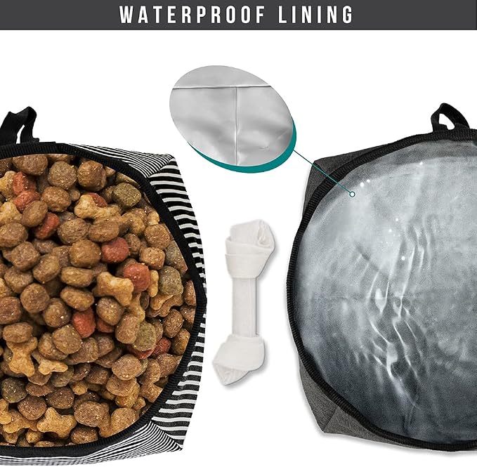 PetAmi Travel Dog Food Bag with 2 Collapsible Bowls Waterproof Dog Kibble Storage & Foldable Food Water Bowls for Dogs & Cats, Hiking & Camping (Stripe Black, Grey)