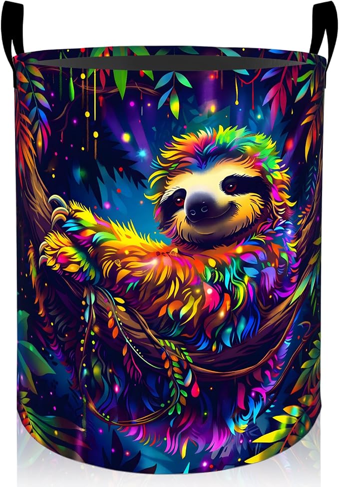 Colorful Sloth Laundry Basket, Mystical Jungle Foldable Oxford Cloth, Waterproof Dirty Clothes Hamper with Handles, Clothing Storage Bin Toy Organizer for Bedroom Dorm Bathroom, 19.7"x15.7"