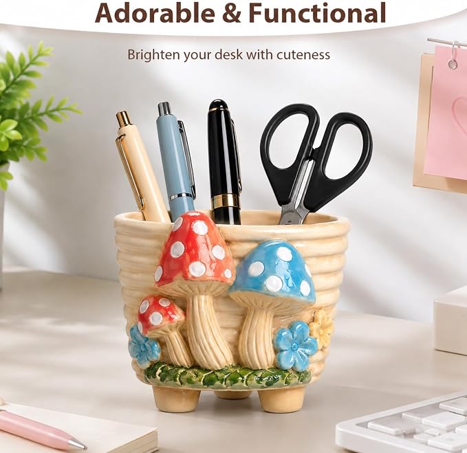 Ceramic Mushroom Shaped Pen Pencil Holder for Desk Decoration Accessories Mushroomb Decor Makeup Brush Pen Cups Office School Ideal Gifts for Women, Mom or Birthdays