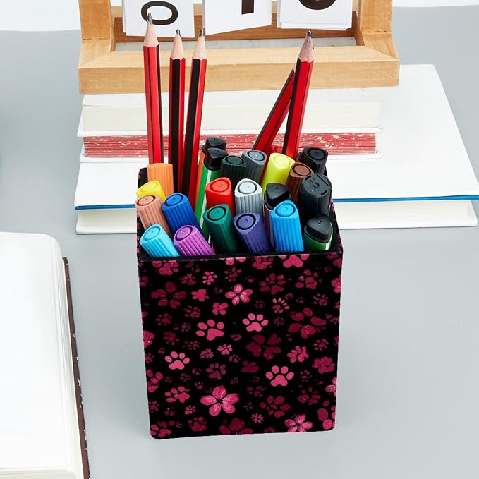 Pet Paws Pen Holder for Desk Decor, Rectangular PVC Leather Pencil Cup for Desk Pen Organizer, Makeup Brush Holder for School, Home, Office