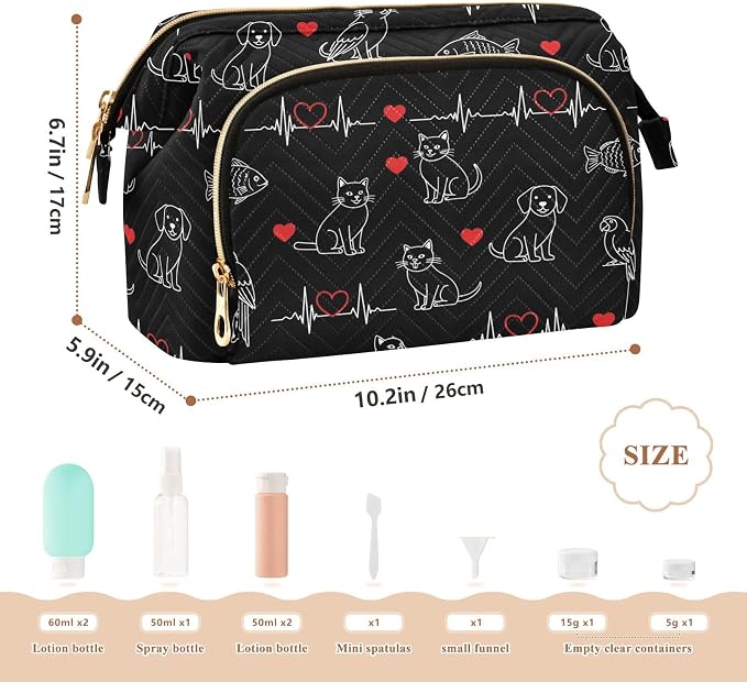 VIGTRO Pets Hearts Lines Makeup Bag Quilted Toiletry Bag Wide Open Cosmetic Bag with Bottles Kit Large Capacity Travel Organizer Pouch for Women