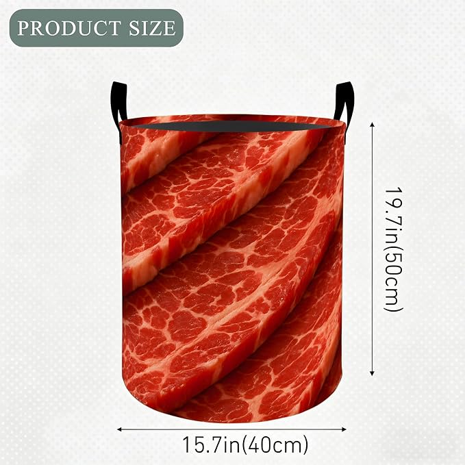 Fresh Beef Basket Hamper, Organizer Bins Gifts for Women Kids, Realistic Meat Food Foldable Waterproof Clothes Hamper Handles Storage Bucket for Bedroom Bathroom Room Decor 19.7"x15.7"