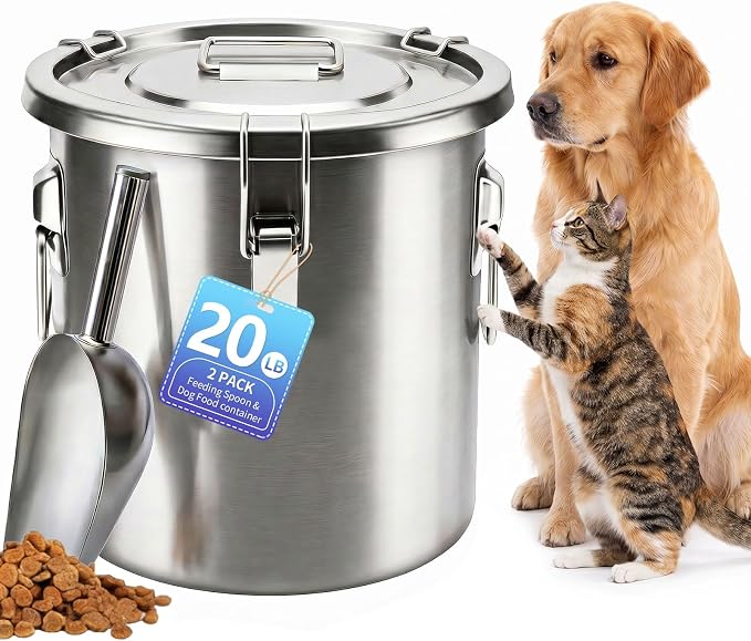 20LB Stainless Steel Dog Food Storage Container with Lid & Scoop, Large Dog Food Storage Container for Dry Pet Food, Metal Dog Food Container, Pet Food Storage Container for Kibble