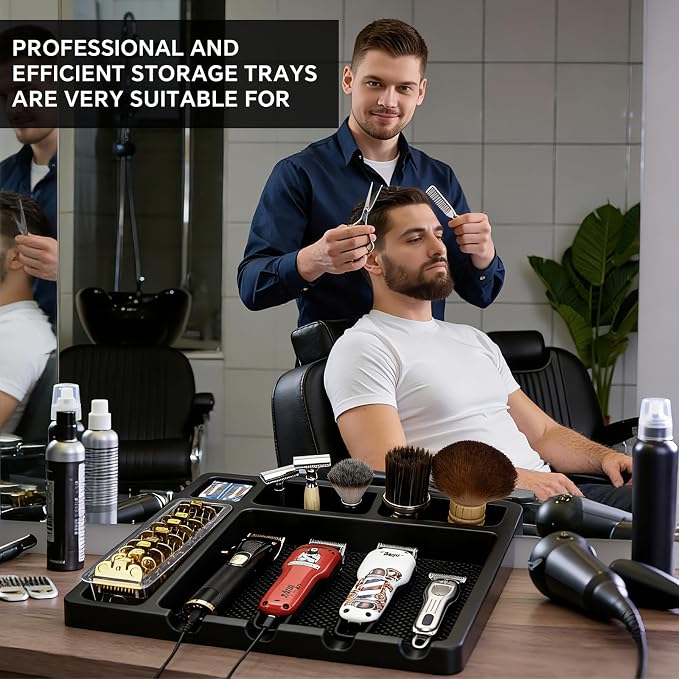 Large Barber Organizer Station, 16 x 12.5 Barber Tray for Clippers & Guards, Duster Brush, Salon Haircut Supplies, Barber Accessories Hair Tool Organizer for Salon & Barbershop and Home