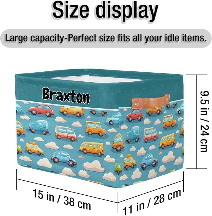 Custom Storage Baskets for Kids with Name, Large Foldable Organizer Collapsible Storage Bin with Leather Handle for Home Toys Closet Nursery, Colorful Bus Taxi Clouds