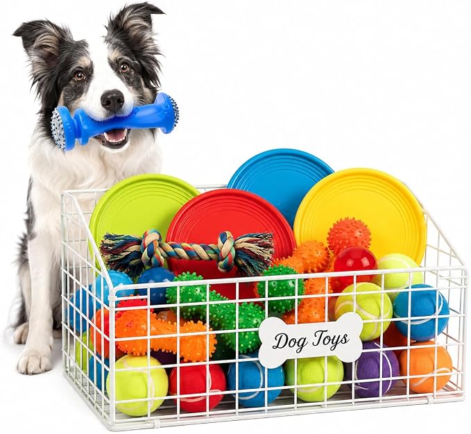 Geyecete Toy Box for Dogs Large Dog Toy Organizer Pet Wire Folding Basket Dog Toy Container Dog Toy Box-Chew-Proof Dog Food Toy Storage-White