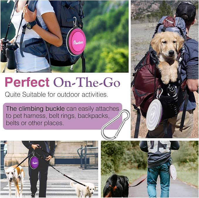 Pawaboo Collapsible Travel Dog Bowls 2 Pack with Lids&Carabiners Silicone | Feeding Watering Bowls for Dogs Cats, Collapsable Water Feeder Food Bowl for Walking Traveling Home Use,Pink + Purple