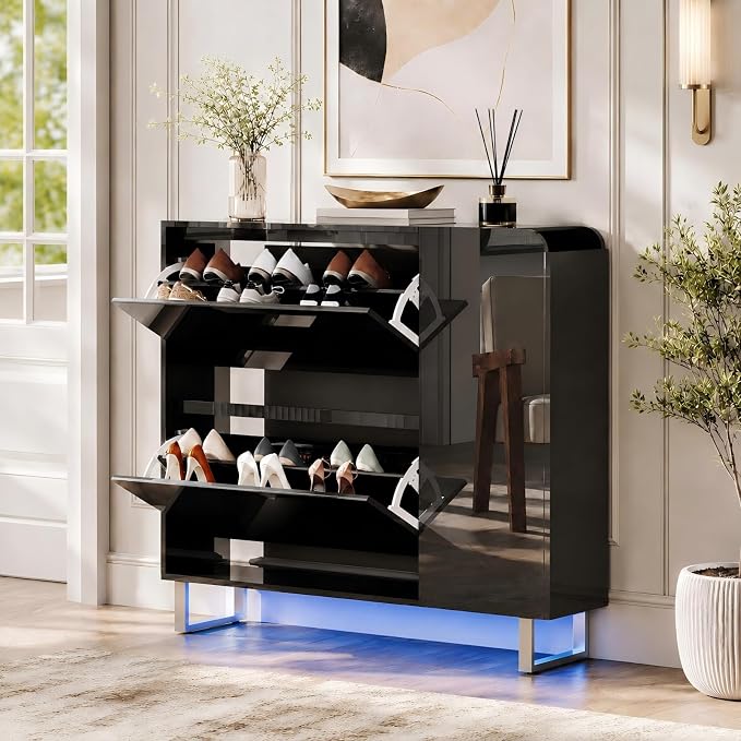 VINGLI Black Shoe Cabinet with LED Lights, Narrow Shoe Storage Organizer with 2 Flip Drawers & Side Cabinet for Tall Boots, Slim Entryway Hidden Shoe Rack Space Saving, Modern High Gloss, 42"