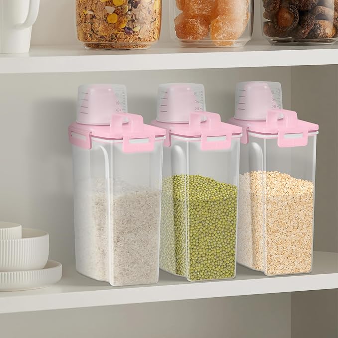 LEAWALK Airtight Rice Storage Container, 3 to 5Lbs Cereal Dry Food Flour and Sugar Bin, Pet Dog Cat Food Dispenser with Measuring Cup, BPA Free Clear Plastic Kitchen and Pantry Organization Bin-Pink
