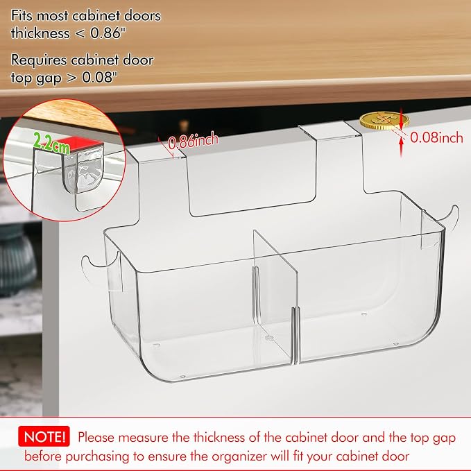 Poeland 2 Pack Over Cabinet Door Organizer, Plastic Storage Bin with 2 Hooks, Over Cabinet Holder for Kitchen, Pantry, Bathroom, Inside or Outside Door (Transparent)