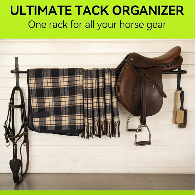 4Pcs Heavy Duty Horse Blanket Rack with Bridle Hooks | Wall Mounted Blanket Bar, Saddle Pad Rack for Horse Blanket Storage, Ideal for Horse Stall, Tack Room, Stable & Barn, Black
