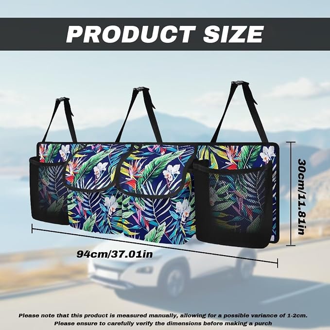 Tropical Leaves Car Trunk Organizer Hanging Car Back Seat Storage Bag with 4 Large Pockets Multipurpose Collapsible Storage Bag Automotive Interior Accessories