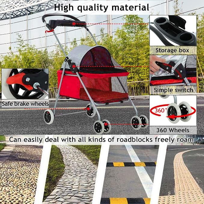 Cat Dog Stroller for Small & Medium Dogs Up to 35Lbs Kitten Doggie Cage Waterproof Foldable Travel Carrier Puppy Strolling Cart Durable 4 Wheels Large Pet Stroller Jogger with Cup Holders, Red