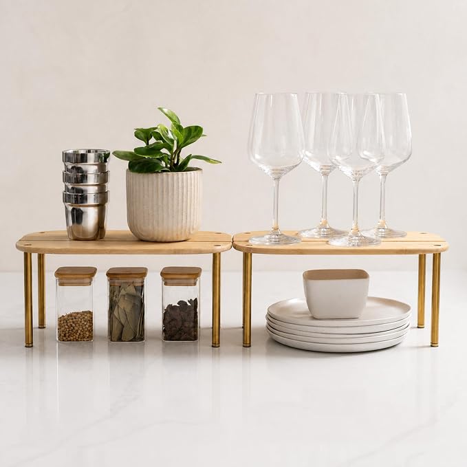 Ibyx Shelves Organizer Set of 2 - Kitchen Cabinet Organizers and Pantry Storage - Bamboo Top & Brass-Effect Metal Legs - Stackable Shelves for Kitchen Counter & Cabinets with 22 lb Capacity - Natural